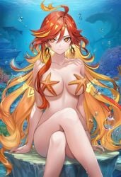 1girl ai_generated big_breasts breasts earrings female female_only genshin_impact legs_crossed long_hair mavuika_(genshin_impact) naked_female nude nude_female orange_eyes orange_hair revergiss sitting_on_rock smile solo solo_female starfish starfish_on_breast underwater