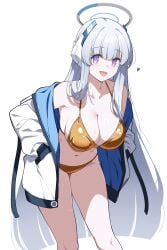 1girl absurdres bare_shoulders bikini blue_archive blush breasts cleavage commentary english_commentary feet_out_of_frame gold_bikini golden_week halo hands_in_pockets headgear high_heels highres jacket large_breasts leaning_forward long_hair long_sleeves looking_at_viewer navel noa_(blue_archive) off_shoulder open_clothes open_jacket open_mouth purple_eyes reia_76 simple_background sleeves_past_wrists smile solo stomach swimsuit thighs untied_bikini_bottom white_background white_hair white_halo white_jacket