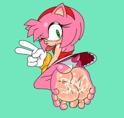5_toes amy_rose anthro artguyidk bodily_fluids butt clothing countershade_butt countershade_feet countershading cum cum_on_feet dress eulipotyphlan eyelashes feet female foot_fetish foot_focus fur genital_fluids gesture gloves green_eyes hand_gesture handwear hedgehog hi_res looking_at_viewer looking_back looking_back_at_viewer mammal number panties pink_body pink_fur red_clothing red_dress ring_(jewelry) sega simple_background sitting solo sonic_(series) sonic_the_hedgehog_(series) tail toes tongue tongue_out underwear v_sign
