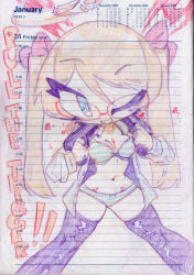 1girls 2025 birdblitz blue_eyes button_down_shirt chest_scar cigarette cigarette_in_mouth cleavage colored_pencil_(medium) eyebrows_visible_through_hair female female_focus female_only flashing hysterectomy_scar lace_bra lace_panties lace_trim oversized_shirt scar shirt_up solo solo_female solo_focus strawberry_blonde_hair thick_eyelashes thighhighs trigger_complex twintails wink yume_(birdblitz)