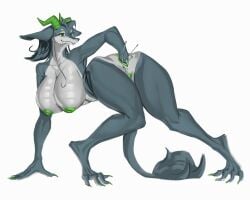 5:4 anthro backbend big_breasts blue_body blue_scales bodily_fluids breasts claws contortionism dragon feet female female_only fingers flexible genital_fluids genitals green_claws gyy hi_res horn huge_breasts mythological_creature mythological_scalie mythology nude reptile scales scalie solo tentacles thick_thighs wide_hips