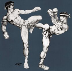 1982 2boys abs archived_source armband ass balls balls_under_clothes bandage bandaged_foot bandaged_hand big_areola blue_background bulge fighter flaccid fundoshi fundoshi_only gay genital_outline hachimaki hand_drawn headband hi_res kick_boxer kicking kicking_balls male male_only matt_(charles_edward_kerbs) mature_male monochrome muscles muscular muscular_male navel nipples original original_character pecs pencil_(artwork) penis rokushaku_fundoshi six_pack standing standing_on_one_leg tagme tight_clothing topless tough_guy traditional_media vintage white_fundoshi yaoi