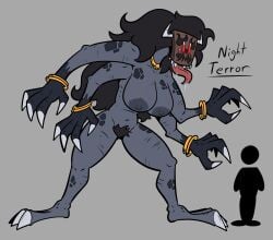 4_arms absurd_res areola big_breasts big_hair black_hair black_pubes bracelet breasts claws feet female front_view gloves_(marking) grey_areola grey_background grey_body grey_claws grey_horn grey_nipples hair hi_res horn horned_humanoid humanoid jewelry long_hair markings mask multi_arm multi_limb navel necklace nipples nude pubes sharp_teeth simple_background solo teeth text thick_thighs tongue tongue_out virus_lewds wide_hips