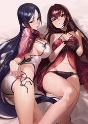 2girls ass bare_shoulders bed black_gloves blush breast_hold breasts capelet choker cleavage clothes_pull fate/grand_order fate_(series) female gloves high_resolution jeong_juno lace lace_panties large_breasts lingerie long_hair looking_at_viewer lying minamoto_no_raikou_(fate) minamoto_no_raikou_(fate/grand_order) mossi multiple_girls navel negligee nightgown on_back on_bed pantsu purple_hair scathach_(fate) see-through side-tie_panties sideboob skirt skirt_lift skirt_pull string_panties underwear undressing very_long_hair wardrobe_malfunction