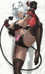sow72853631 labrynth_of_the_silver_castle white_hair dark-skinned_female dark_skin succubus demon_horns black_sclera yellow_eyes corrupted corruption lovely_labrynth_of_the_silver_castle yu-gi-oh! one_leg_up one_leg_raised lying_on_side open_legs grabbing touching_self tail demon_tail armpits legwear sideboob pointy_ears earrings looking_at_viewer shorts teeth teeth_showing smile