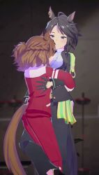 2girls 3d ahoge animal_ears animated between_breasts black_gloves black_hair black_jacket black_necktie black_pants braid breasts center_frills center_opening commentary coolchouzhao ear_ornament ear_piercing english_commentary face_between_breasts frilled_shirt frills fuji_kiseki_(shooting_star_revue)_(umamusume) fuji_kiseki_(umamusume) gif gloves half_gloves half_up_braid half_up_half_down_braid head_between_breasts highres horse_ears horse_girl horse_tail jacket jungle_pocket_(umamusume) leg_around_another's_leg medium_hair motorboating multicolored_hair multiple_girls necktie pants piercing red_jacket red_track_suit shirt standing_leg_lock tagme tail tomboy tracen_training_uniform track_jacket track_pants track_suit umamusume yuri