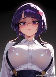 1girl 2026 ai_generated anime bangs black_background blunt_bangs blush boku_no_hero_academia boobs breasts cleavage closed_mouth collared_shirt covered_nipples crossover exposed_nipples eye_contact female female_focus flushed from_below gradient_background hair_accessory hair_ornament heart heart_hair_ornament highres huge_breasts jirou_kyouka kyoka_jiro large_breasts looking_at_viewer looking_down low_angle my_hero_academia neutral_expression nipples no_bra nsfw patreon patreon_username purple_eyes purple_hair rognezart see-through shiny shirt short_hair skirt solo suspender_skirt suspenders upper_body white_shirt
