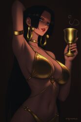 one_piece boa_hancock prixmal golden_week female female_only female_focus 1girls 1girl golden_bikini gold_jewelry panties hips belly belly_button navel midriff bra big_breasts big_boobs armpits hand_above_head armband nails nail_polish gold_nails choker earrings red_lipstick red_lips blue_eyes black_hair long_hair straight_hair bangs eyelashes eyebrows sexy sexy_pose sexy_body sexy_female mommy thick highres high_resolution artist_signature