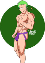 baskatahage one_piece looking_down biceps flexing_bicep trapezius defined_muscles abs six_pack half_naked half_nude underwear underwear_down jockstrap jockstrap_only bulge penis_bulge exibitionism frown frowning post-timeskip colarbone simple_artstyle roronoa_zoro zoro zoro_(one_piece) bara barazoku bara_tits bara_tiddies 1boy male male_only male_focus manly masculine_male gay yaoi solo solo_focus solo_male muscular muscular_male muscles hairless hunk beefy tough_guy bigger_male larger_male broad_shoulders scar scar_on_face scar_across_eye green_hair japanese_male earrings big_dick_energy flaccid flaccid_bigger veins veiny veiny_muscles