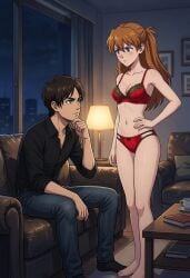 ai_assisted ai_generated asuka_langley_sohryu attack_on_titan belly_button blue_eyes blushing blushing_female book bra cleavage clueless_male contemplating cup_of_coffee dark_brown_hair digital_art displaying edited_ai eren_jaeger evangelion exposed_midriff green_eyes hand_on_hip im_whoop lamp legs living_room looking_down looking_up low_neckline navel neon_genesis_evangelion nighttime no_sex not_getting_the_point panties part_of_a_set photoshop really? red_bra red_orange_hair red_panties serious_expression shingeki_no_kyojin sofa staring staring_up table twintails upset_female well_this_backfired window