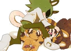 pinklilim white_background commission 1girls 1boy clutch_the_opossum sonic_(series) sonic_the_hedgehog_(series) sonic_the_hedgehog_(idw) idw_publishing sonic_the_hedgehog_(comics) sonic_oc green_fur black_sclera white_eyes opossum areolae sweatdrop steamy_breath dubious_consent questionable_consent yellow_eyes crying_with_eyes_open upside-down brown_hair rodent pinstripe_pattern cufflink pawpads paws fingers_in_mouth one_eye_closed clenching_toes blush ahe_gao