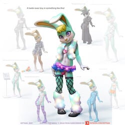 1:1 2021 animal_crossing anthro ball_bulge blonde_hair blue_eyes blush bottomwear bra bulge clothed clothing crossdressing digital_media_(artwork) english_text femboy fingers fishnet fishnet_legwear footwear fur furry furry_only girly green_body green_fur hair kotyami lagomorph legwear leporid looking_at_viewer male male_only mammal miniskirt multicolored_body multicolored_fur navel nintendo panties pink_nose pose rabbit raver sasha_(animal_crossing) simple_background skirt smile solo standing string string_panties text tights topwear two_tone_body two_tone_fur underwear url video_games young