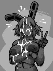 anthro areola bodily_fluids breasts cum cum_drip cum_on_breasts cum_on_face dripping faceless faceless_anthro faceless_character faceless_female female genital_fluids gesture grey_areola grey_background grey_hair grey_nipples hair hand_gesture lagomorph leporid machine mammal monochrome nipples rabbit robot simple_background v_sign wonderslug
