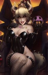 1girls 2021 arm_gloves blonde_hair bowsette bracelet collar female female_only fishnet_stockings fishnets glowing_eyes horns legband leotard light-skinned_female light_skin long_hair looking_at_viewer makeup mario_(series) mrgunnart narrowed_eyes new_super_mario_bros._u_deluxe nintendo pointy_ears poison_mushroom red_lipstick sitting smiling smiling_at_viewer solo solo_female spiked_bracelet spiked_collar spiked_legband spiked_tail stockings super_crown tail tattoo tattoo_on_chest throne yellow_eyes