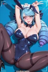 1girl 1girls ai_generated blue_eyes blue_hair blue_nails blush blushing boobs breasts bunny_costume bunny_ears bunnysuit cameltoe camera_overlay camera_pov curly_hair drill_hair female female_focus girl gwen_(league_of_legends) heterochromia high_heels laying_down laying_on_back league_of_legends league_of_legends:_wild_rift leotard light-skinned_female light_skin lips long_hair makeup medium_breasts on_back painted_nails pantyhose peace_sign pink_eyes ribbon ribbons riot_games stable_diffusion tagme tongue tongue_out uncensored wardens watermark