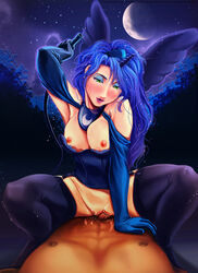 1boy1girl 1girls abs blush cowgirl_position friendship_is_magic green_eyes horned_humanoid humanized large_breasts long_gloves male melisaongmiqin my_little_pony penetration pov princess_luna_(mlp) pussy pussy_juice riding sex shaved_pussy stockings undressed whip wings