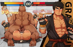 2boys abs anal anal_hair anus ass bald bandaged_foot bandages bar_censor bara black_hair blush censored clothed_male_nude_male clothed_sex cum cum_pool cumdrip dark-skinned_male dark_skin dougi dungeon_and_fighter dungeon_fighter_online english_text facial_hair fighter_(dungeon_and_fighter) fighting_stance forked_eyebrows full_body gameplay_mechanics goatee grappler_(dungeon_and_fighter) grappler_(dungeon_fighter) highres interracial large_pectorals leg_hair male_fighter_(dungeon_and_fighter) male_focus male_only mating_press mature_male multiple_boys muscular muscular_male nude overflow pectoral_cleavage pectorals scar scar_on_cheek scar_on_chest scar_on_face scar_on_nose sex short_hair slap_mark spanked sweat sweatdrop thick_eyebrows thick_thighs thighs trembling upper_body vert_cypres yaoi