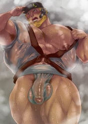 1boy abs absurd_res armpit_hair armpits arms_up balls bara bare_breasts beard beefy biceps big_abs big_balls big_glans big_penis blonde_hair blush breasts breasts_bigger_than_head broad_shoulders cap chest_hair daddy dilf earphones flaccid frown fundoshi gay glans grey_background happi_(clothing) hataraku_saibou hi_res huge_breasts huge_cock hunk japanese_clothes killer_t_(hataraku_saibou) leg_hair looking_away male male_breasts male_only manly mature_male moobs muscles muscular muscular_arms muscular_legs muscular_male muscular_thighs musk musk_clouds oppai pecs penis penis_bigger_than_head practically_nude quadriceps red_glans rokushaku_fundoshi scar scar_on_face see-through short_hair sideburns six_pack solo standing steam steaming_body sweat sweatdrop sweating sweaty talking teenagefanclub thick thick_arms thick_legs thick_penis thick_thighs tight_clothing tough_guy translucent_clothing uncensored very_high_resolution very_sweaty wet wet_body wet_clothes wet_fundoshi white_fundoshi yaoi