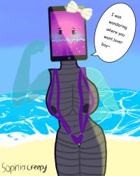1girl 1girls adamation_inc. adamationz animationepic black_nipples blushing blushing_face bow female female_only genderswap genderswap_(mtf) huge_breasts inanimate_insanity inanimate_insanity_(season_2) looking_at_viewer mepad object_head object_show object_shows robot robot_girl rule63 rule_63 screen_face sea sling_bikini solo solo_female summer text variant_set white_bow zsona_creepy(artist)