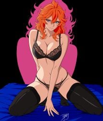 1girls 2025 absurd_res arm_behind_back artist_name black_background black_bra black_clover black_panties black_thighhighs blue_eyes bra breasts dated eyeliner hi_res large_breasts linea_alba looking_at_viewer loose_hair_strand makeup mereoleona_vermillion navel on_bed orange_eyeliner orange_hair panties pink_background serious spider.blade squatting thighhighs two-tone_background underwear