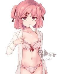 1girl arm_at_side artist_name bob_cut bow bow_bra bra breasts collarbone collared_shirt cowboy_shot ddlc doki_doki_literature_club dress_shirt dripping food food_in_mouth food_on_body frilled_bra frilled_panties frills furrowed_brow hair_ornament hair_ribbon highres ituu_kiriko looking_at_viewer loose_hair_strand midriff mouth_hold natsuki_(doki_doki_literature_club) navel no_pants open_clothes open_shirt opened_by_self panties pink_eyes pink_hair polka_dot polka_dot_bra polka_dot_panties popsicle questionable questionable_consent red_bow red_ribbon ribbon serenity_forge shirt short_hair signature simple_background small_breasts solo standing swept_bangs team_salvato tsundere twitter_username two_side_up underwear undressing upturned_eyes white_background white_shirt x_hair_ornament