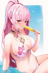 1girls bikini breasts female female_only hololive hololive_english hololive_myth looking_at_viewer mori_calliope nevin_(flyskying) pink_eyes pink_hair solo virtual_youtuber