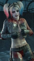 0jellywire0 1girls 3d abs athletic athletic_female batman_(series) belt blue_eyes breasts busty cropped_jacket dc dc_comics elbow_pads female female_focus female_only gloves goggles goggles_on_head harley_quinn harley_quinn_(injustice) hourglass_figure injustice_2 medium_breasts multicolored_hair no_bra pigtails solo straps tagme tattoo tattoo_on_belly tattoos tight_pants undressing wide_hips