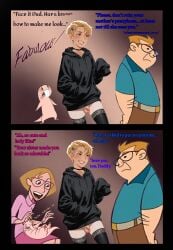 ai_generated black_choker black_sweatshirt black_thighhighs blonde_femboy blonde_hair blonde_male choker embarrassed_expression excited_expression father father_and_son femboy girly green_eyes green_eyeshadow hair_ornament just_for_fun kim_possible lace-trimmed_thighhighs lace_trim lady_like laughing makeup naked_mole_rat no_background no_panties no_underwear not_ai_generated not_furry oversized_clothes paperdoll_construction parent parents proud proud_mother red_lips red_lipstick ron_stoppable rufus_(kim_possible) small_penis son sweatshirt thigh_highs thighhighs thin thin_thighs tiny_penis two_panels words