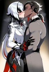 ai_generated bunnyart02 1girl arlecchino_(genshin_impact) female genshin_impact 1boy male clothing french_kiss multicolored_hair black_hair hetero kiss white_hair streaked_hair dark-skinned_male breasts sweat long_hair dark_skin breast_press black_gloves jewelry x-shaped_pupils low_ponytail red_pupils gloves pants long_sleeves blush black_eyes from_side black_pants fingernails red_hair looking_at_another ring symbol-shaped_pupils half-closed_eyes suit height_difference piercing thighs jacket two-tone_hair coat interracial husband_and_wife ponytail large_breasts saliva