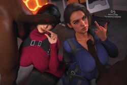 2boys 2girls 2girls2boys 3d 3d_(artwork) ada_wong ada_wong_(adriana) asian asian_female big_breasts black_hair brown_hair calysky capcom clothed_female_nude_male dark-skinned_male dark_skin huge_cock interracial jill_valentine jill_valentine_(sasha_zotova) light-skinned_female light_skin lipstick_mark lipstick_on_penis looking_at_viewer middle_finger paizuri penis_between_breasts penis_on_face pinching_gesture raceplay resident_evil resident_evil_3 resident_evil_3_remake resident_evil_4 resident_evil_4_remake small_penis_gesture tagme