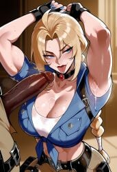 1boy 1girl abs after_fellatio ahoge ai_generated armpits arms_up belt black_choker black_gloves blonde_hair blue_eyes blue_nails blue_shirt blush braid braided_ponytail breast_pocket breasts brown_pants bunnyart02 choker cleavage clothing collarbone crop_top cum cum_on_body cum_on_breasts cum_string dark-skinned_male dark_skin elsa_bloodstone elsa_bloodstone_(marvel_rivals) elsa_bloodstone_(young_blood) erection female fingerless_gloves fingernails gloves hetero interracial large_breasts large_penis long_hair male marvel marvel_comics marvel_rivals muscular muscular_female nail_polish navel open_mouth pants parted_bangs penis pocket police_uniform policewoman saliva saliva_trail shirt short_sleeves solo_focus sweat tied_shirt toned tongue tongue_out uniform veins veiny_penis very_dark_skin