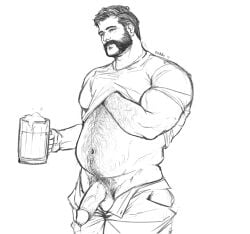 bara bear_(body_type) beard beer beer_belly belly biceps call_of_duty captain_price daddy dilf febrzz7 freddie_7203 hairy_male john_price large_biceps large_pectorals male male_only pecs pubic_hair shirt_lift solo solo_male thick_thighs penis erection pants_down pants_open edited_by_uploader balls partially_clothed edited_art penis_vein