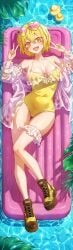 1girl absurdres alternate_costume blonde_hair boots breasts casual_one-piece_swimsuit cleavage commentary_request covered_navel don_quixote_(limbus_company) double_v eyewear_on_head frilled_one-piece_swimsuit frilled_thigh_strap frills from_above full_body heart heart-shaped_eyewear highres inflatable_raft large_breasts limbus_company looking_at_viewer lying nail_polish on_back one-piece_swimsuit open_mouth oranberry_1018 pool project_moon rubber_duck see-through_clothes see-through_shirt shirt short_hair smile solo sunglasses swimsuit thigh_strap tinted_eyewear v water wet yellow_boots yellow_eyes yellow_nails yellow_one-piece_swimsuit