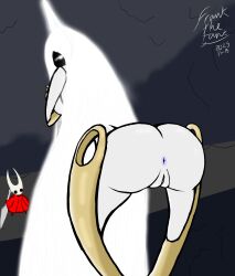 hollow_knight hollow_knight:_silksong grand_mother_silk white_hair white_body glowing_eyes vagina pussy ass looking_back hornet_(hollow_knight) size_difference glowing_hair insects nude frank_the_tank