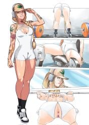 1girl arm_tattoo barbell bodysuit breasts cannabis_print commentary crotch_zipper deadlift drugs english_commentary exercise_machine exercising female female_only fitness_gym full_body gym_uniform hair_through_headwear hat high_tops highres marijuana multicolored_shoes muscular muscular_female original power_rack sexual_exercising shoes shorts sneakers socks sports_bra sportswear squat_(exercise) tattoo tekuho unzipped weightlifting weights white_sports_bra workout_clothes zipper