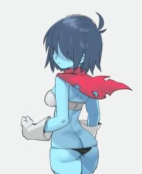 1girls ass back_view bikini_armor blue_skin dark_blue_hair deltarune knight_armor komugiko_(bitte_komu) kris_(dark_world_form) kris_(deltarune) kris_female_(deltarune) looking_at_viewer looking_back panties solo ss_komu