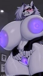 signature watermark entrophex123 helluva_boss loona_(helluva_boss) patreon patreon_username patreon_logo patreon_url patreon_link 1girls 1female 1furry furry furry_only furry_female furry_ears furry_breasts furry_ass breasts breasts_out breasts_bigger_than_head breasts_apart breasts_bigger_than_torso breasts_outside breasts_bigger_than_body huge_breasts large_breasts gigantic_breasts huge_nipples large_nipples gigantic_nipples giant_breasts giant_nipples purple_nipples purple_pussy purple_areola glowing_pussy glowing_areola glowing_nipples glowing_tongue long_tongue purple_tongue hair_over_one_eye grey_hair big_ears fluffy_ears fluffy_pussy clitoris clitoral_hood looking_at_viewer white_eyes red_sclera black_eyeshadow aroused aroused_face blushing slit_pupils from_below ai_generated ai ai_art ai-created ai_generated_background highres high_resolution high_quality grey_fur hellhound teeth dim_lighting very_long_hair very_high_resolution spreading spread_pussy hand_on_pussy open_pussy fingerless_gloves gloves tongue tongue_out saliva saliva_trail saliva_string