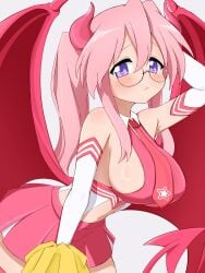 girl absurdres arm_up blush breasts cheerleader closed_mouth commentary_request cowboy_shot demon_girl demon_horns demon_tail detached_collar detached_sleeves double-parted_bangs from_side glasses highres horns large_breasts looking_at_viewer lucky_star meisoochuu midriff necktie pink_hair pom_pom_(cheerleading) ponytail purple_eyes raised_inner_eyebrows red_horns red_necktie red_skirt red_tail red_thighhighs red_wings round_eyewear sideboob sidelocks simple_background skirt solo standing tail takara_miyuki thighhighs white_background white_sleeves wings zettai_ryouiki