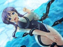 1girl 2000s_(style) black_one-piece_swimsuit blue_eyes blush bound bound_arms bound_breasts braid braided_bun breasts clothes_pull covering_privates cowboy_shot eel female female_only fumizuki_yukari game_asset hair_bun hara_hara!! long_sidelocks looking_down medium_breasts nipples non-web_source one-piece_swimsuit one-piece_swimsuit_pull one_breast_out open_mouth pool purple_hair self-datamine sidelocks solo suzumiya_natsuki swimsuit underwater variant_set water wince