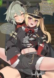 2girls annoyed blonde_hair blush booty_shorts caesar_king crop_top english_text gloves grabbing_another's_breast grabbing_hand groping groping_breasts groping_from_behind helmet horns imminent_sex jacket luciana_de_montefio red_eyes redtomaat resisting sitting_on_lap size_difference small_breasts smile spread_legs touching_crotch tsundere yuri zenless_zone_zero