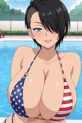 original_character bikini american_flag_bikini black_hair hair_over_one_eye blue_eyes pool poolside tagme ai_generated looking_at_viewer large_breasts breasts big_breasts female female_focus 1girls american american_female