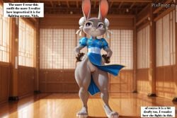 ai-created ai_assisted ai_generated blue_outfit bunny chun-li_(cosplay) chun-li_(street_fighter_6) chun-li_(street_fighter_ii) dojo hair_buns hare judy_hopps judyhopps no_panties rabbit rabbit_ears shyunchained standing street_fighter upskirt zootopia zootopia_2
