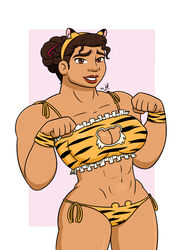 1girls abs big_breasts brown_eyes brown_hair cleavage_cutout disney encanto holidays looking_at_viewer luisa_madrigal muscular_female new_year pink_background smiling_at_viewer takeshi1000 tiger_print white_background year_of_the_tiger