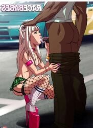 1girl armlet bare_shoulders bracelet breasts car commentary cum cum_in_mouth cum_on_body dark-skinned_male dark_skin ejaculation english_commentary facial fellatio fishnet_thighhighs fishnets hetero highres interracial jewelry long_hair miniskirt motor_vehicle neck_ring oral original penis plaid_clothes plaid_skirt platform_heels skirt small_breasts tekuho thighhighs