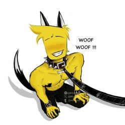 blush butcher_(poppy_playtime) collar good_boy kneeling leash male male_focus male_only malesub missmio petplay poppy_playtime smiling taped_nipples woof yellow_body