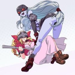 2d 2girls aerith_gainsborough_(cosplay) angel angel_girl angewomon bare_shoulders big_breasts blonde_hair blue_skin breasts collarbone covered_eyes covered_nipples crossover crossover_cosplay demon demon_girl devil digimon digimon_(species) digimon_adventure digital_media_(artwork) female female_only final_fantasy final_fantasy_vii gerusyu head_wings helmet helmet_over_eyes highres ladydevimon large_breasts light-skinned_female light_skin mask red_eyes shiny_skin smile tifa_lockhart_(cosplay)