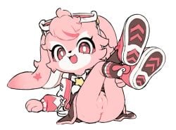 1girl animal_ears anus black_skirt body_fur cleft_of_venus esassani_(petit_planet) female female_only full_body furry furry_female gato_del_futuro highres long_sleeves looking_at_viewer lop_rabbit_ears lying on_back open_mouth petit_planet pink_eyes pink_fur puffy_long_sleeves puffy_sleeves pussy rabbit_ears rabbit_girl shoe_soles simple_background skirt solo uncensored white_background