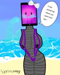 1girl 1girls adamation_inc. adamationz animationepic black_nipples blushing blushing_face bow female female_only genderswap genderswap_(mtf) huge_breasts inanimate_insanity inanimate_insanity_(season_2) looking_at_viewer mepad object_head object_show object_shows robot robot_girl rule63 rule_63 screen_face sea sling_bikini solo solo_female summer text variant_set white_bow zsona_creepy(artist)