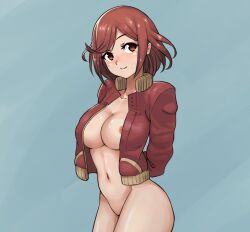 1girls babus_games blush bottomless breasts cleavage coat female large_breasts looking_at_viewer naked nintendo nipple_slip nipples nude open_jacket pussy pyra red_hair smile solo tagme xenoblade_(series) xenoblade_chronicles_2