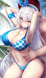 1boy 1girls arms_behind_head beach big_breasts bikini blue_bikini breasts captain_(honkai_impact) cleavage closed_mouth clouds honkai_(series) honkai_impact_3rd kiana_kaslana kiana_kaslana_(herrscher_of_the_void) outdoors palm_tree red_hair slash-ex straight swimsuit white_hair yellow_eyes